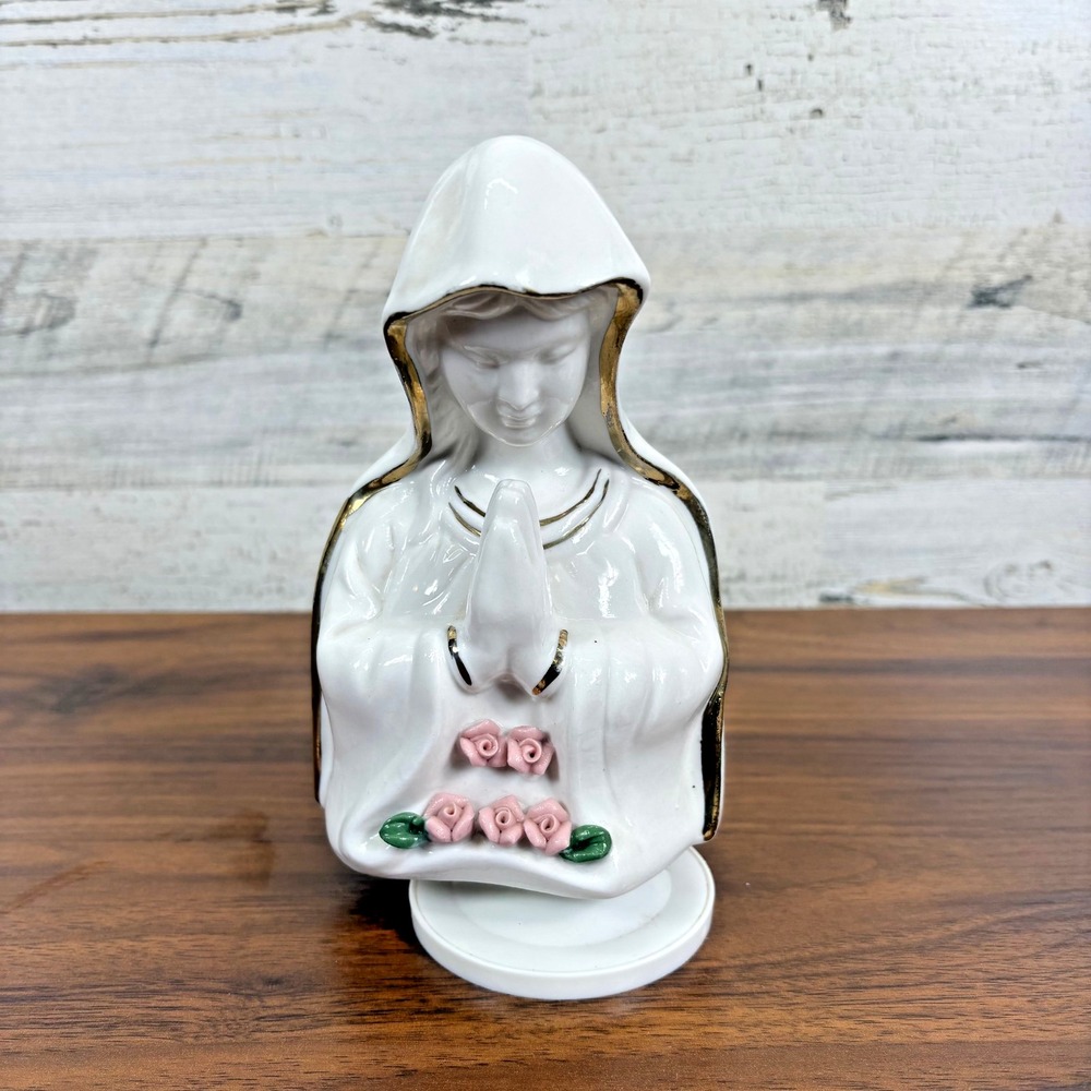 Vintage Virgin Mary Madonna Ceramic Music Box‎ that Spins Around 7" Tall